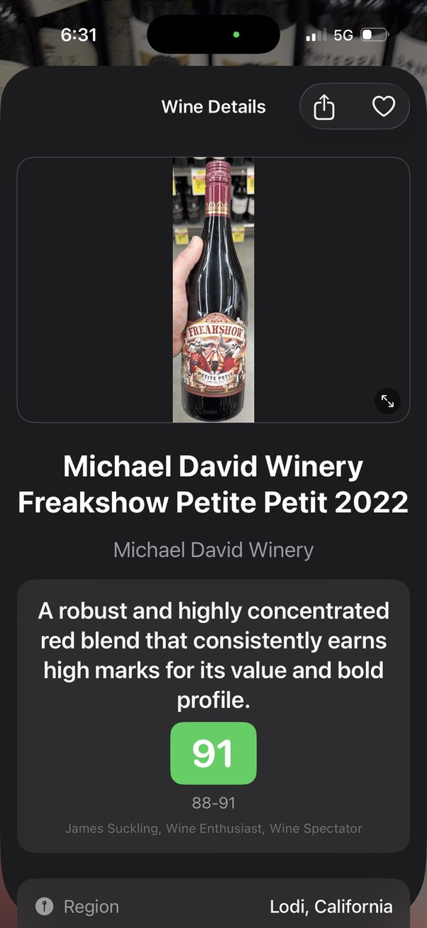 Wine ratings and critic scores displayed